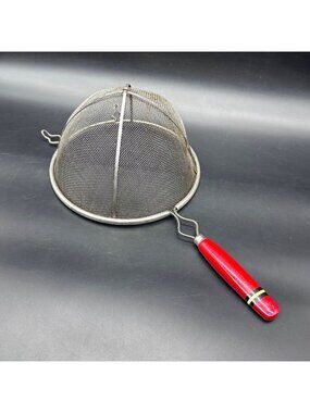 Vintage Metal Mesh Strainer Red Wooden Handle Retro Kitchen Tool 50s Mid Century